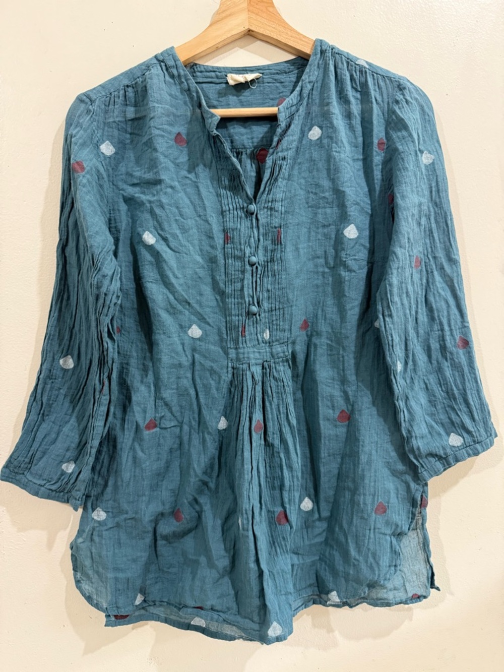 Anokhi Teal Gauze Pintuck Peasant Blouse with Dot Motif